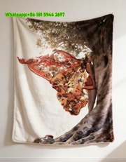 Hermès Inspired Vibrant Red-Orange Scarf Print Flannel Throw Blanket IMG_5160